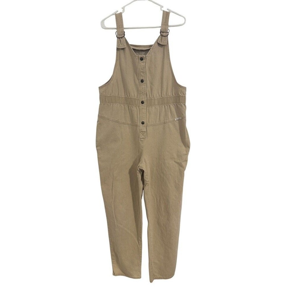 Vtg Dreams Overalls Women Large Tan Khaki Cotton Button Front Adjustable Straps